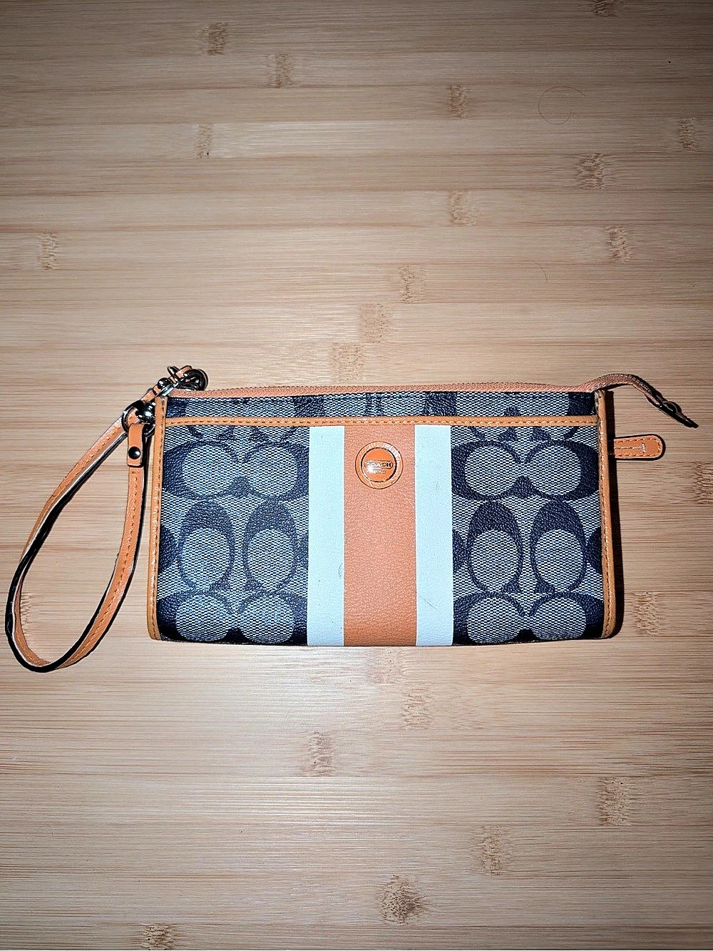 ☘️ Coach Signature Stripe Small Wristlet Clutch in Blue & Brown